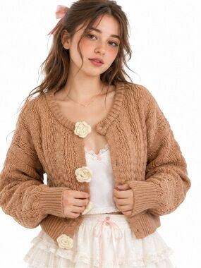 Hazel Moon Peach Color Sweater with Cream 3D Flower Accents Cardigan